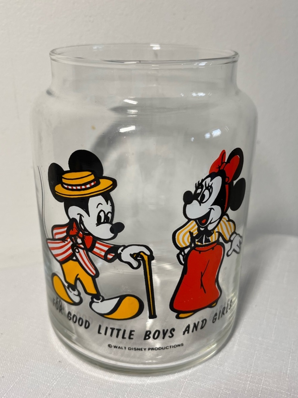 Vintage Disney Mickey & Minnie Glass Jar - Clear with Red and Yellow Accents